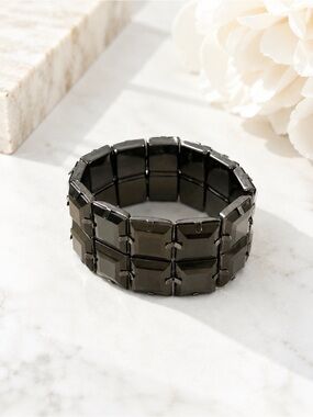 Boutique Gunmetal Smoky Crystal Stretch Bracelet Statement Cuff Glam NWT
